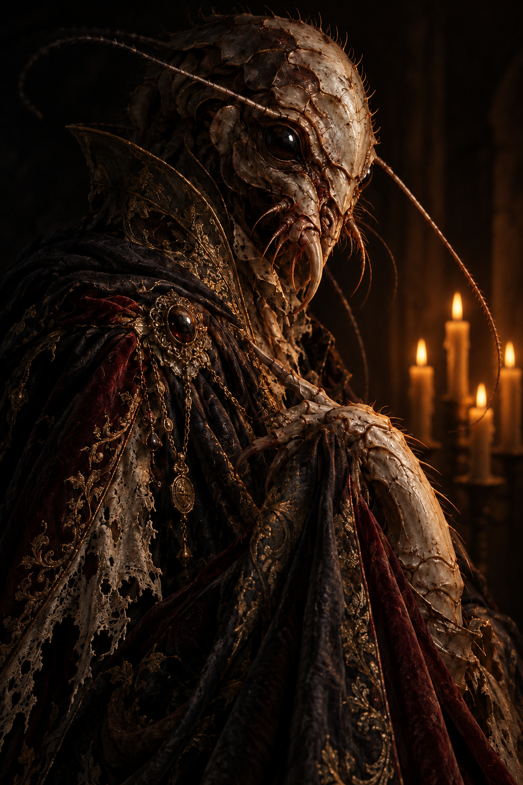 A richly detailed louse in ceremonial dress, lit by candlelight